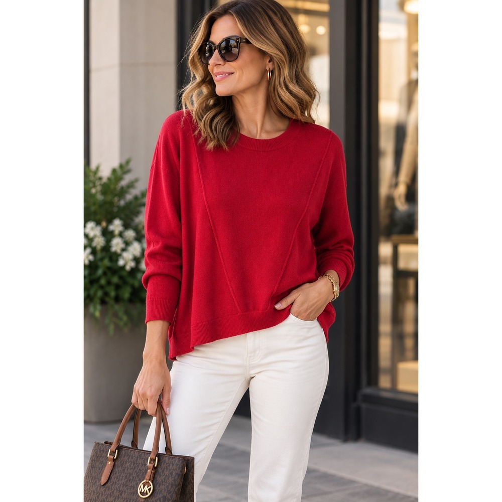 Michael Kors Women Red Long Sleeve Scoop Neck Cotton Rayon Blend Sweater Size S